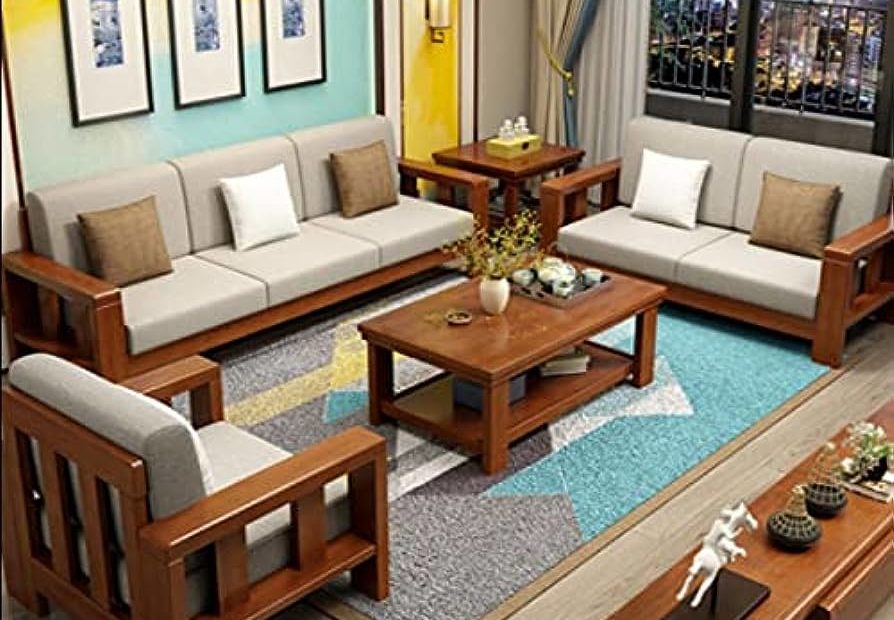 Lsgf Teak Wood Sofa Indoor Living Room Drawing Room Sofa Set (3+1+1 With  Center Table, Natural Brown) : Amazon.In: Home & Kitchen