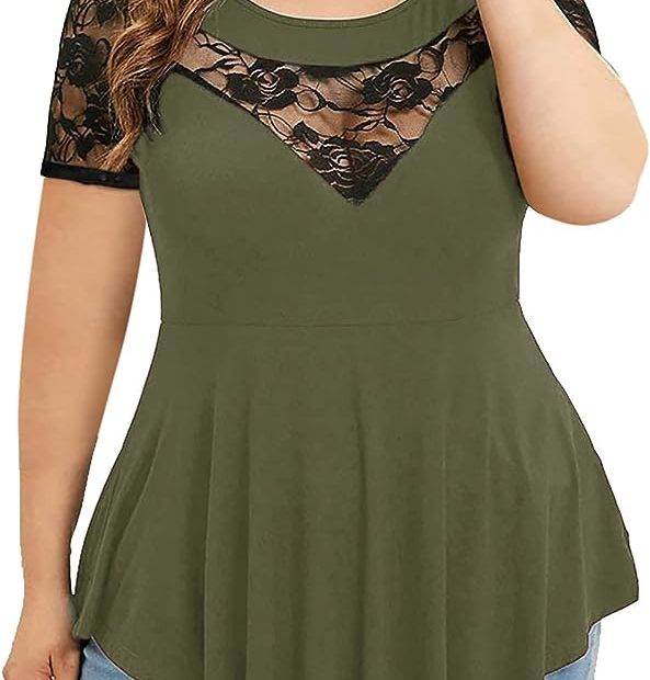 Women Plus Size Tops Casual Flowy Shirts Lace Short Sleeve Tunics For  Summer Peplum Blouses Army Green At Amazon Women'S Clothing Store